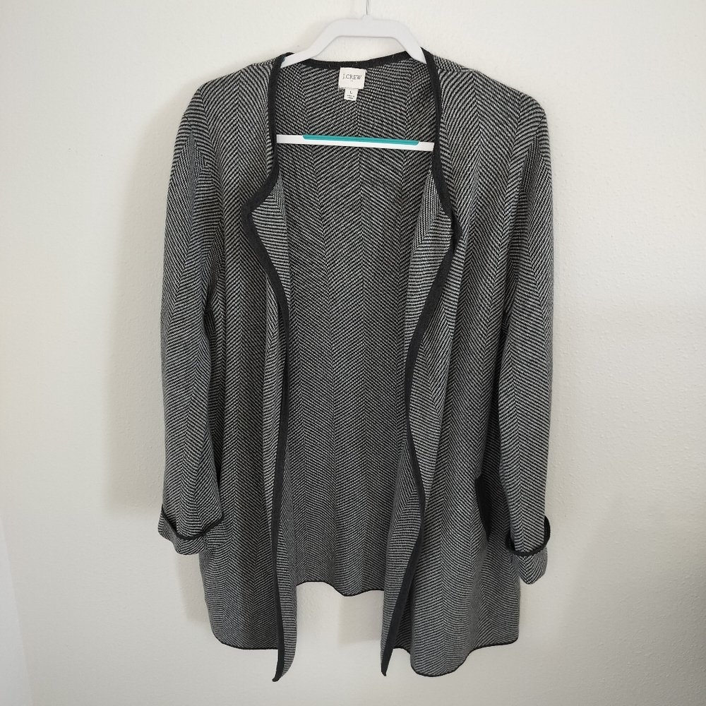J‎ Crew Vanessa Womens sweater-jacket Gray/white herringbone Sz L Minimalist